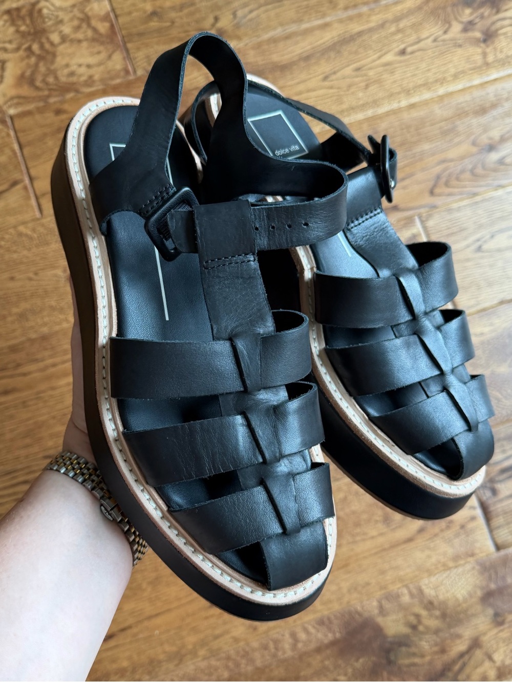 Women's Black Leather Woven Fisherman Sandals